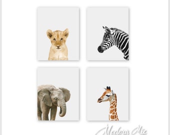 Baby Animal Prints for Wall Art, Safari Nursery Decor, Baby Nursery Prints, Safari Animals, Lion Zebra Elephant Giraffe Set of 4 BAPG001
