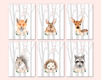 Floral Woodland Animals Nursery Prints, Baby Girl Decor, Set of 6