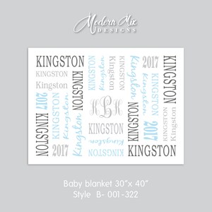 Op de afbeelding: Een witte babydeken met de naam "Kingston" die in blauwe en grijze tekst wordt herhaald, samen met het jaar "2017". De deken heeft ook de initialen "KLK" in grijs. De deken is 76 cm bij 102 cm.
