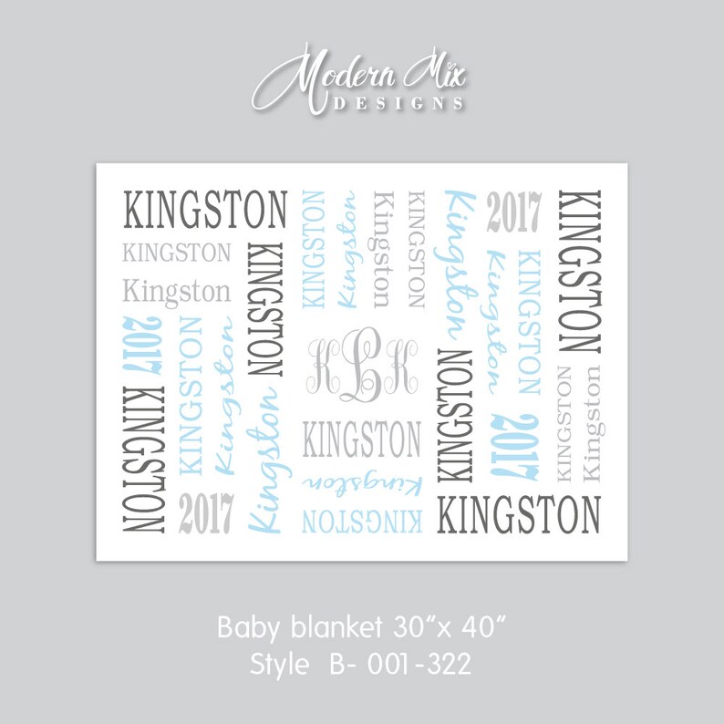 Op de afbeelding: Een witte babydeken met de naam "Kingston" die in blauwe en grijze tekst wordt herhaald, samen met het jaar "2017". De deken heeft ook de initialen "KLK" in grijs. De deken is 76 cm bij 102 cm.