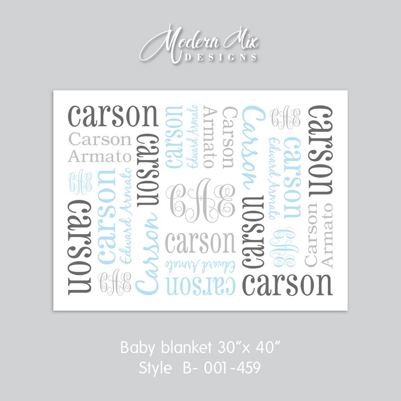 Op de afbeelding: Een witte babydeken met de naam "Carson" die in een woordwolkontwerp wordt herhaald. De naam staat in blauwe en grijze letters. De deken is 30 inch bij 40 inch. De tekst "Baby blanket 30"x 40" Style B-001-459" staat onder de woordwolk.