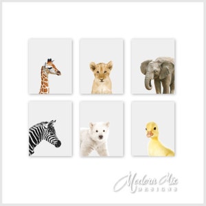 Puede incluir: Un conjunto de seis ilustraciones de animales imprimibles que presentan una jirafa, un le&oacute;n, un elefante, una cebra, un oso polar y un patito. Cada animal se representa en un estilo simple y minimalista sobre un fondo blanco.