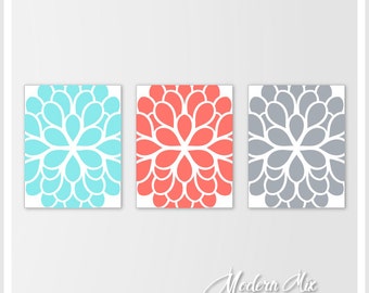 Flower Wall Decor Aqua Coral Gray Dahlia Flower Canvas Print Trio Bedroom Wall Art Bathroom Art Home Wall Art Bedroom Decor M 002 05