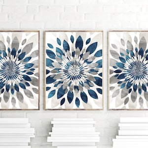 Watercolor Flower Bursts Wall Art, Dining room Wall Decor, Teal Blue Gray Tan Home Apartment Wall Art Set of (3) Unframed Prints OR Canvas