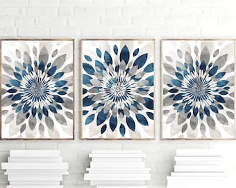 Watercolor Flower Bursts Wall Art, Dining room Wall Decor, Teal Blue Gray Tan Home Apartment Wall Art Set of (3) Unframed Prints OR Canvas