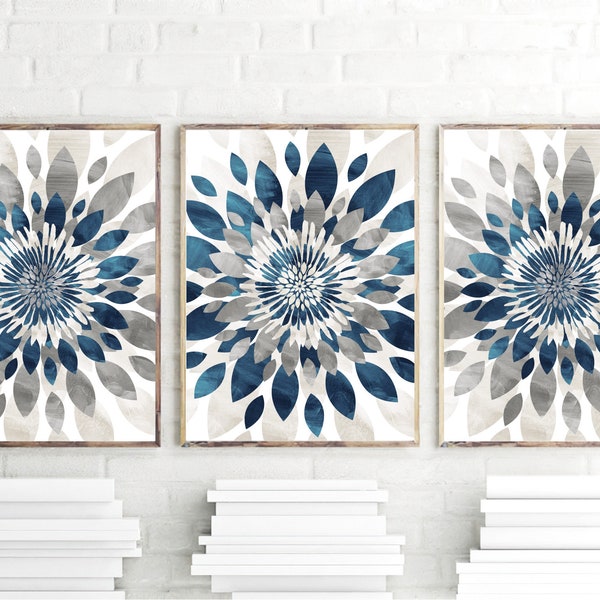 Modern Flower Bursts Fine Art Print, Above Bed Decor, Teal Blue Gray Tan Home Apartment Wall Art Set of (3) Unframed Prints OR Canvas