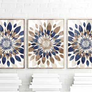 Navy and Brown Modern Flower Bursts Fine Art Print, Above Bed Decor, Watercolor Home Apartment Wall Art Set of (3) Unframed Prints OR Canvas