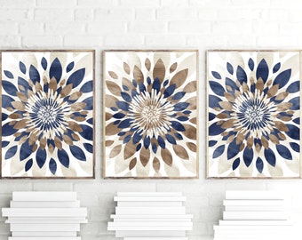 Navy and Brown Modern Flower Bursts Fine Art Print, Above Bed Decor, Watercolor Home Apartment Wall Art Set of (3) Unframed Prints OR Canvas