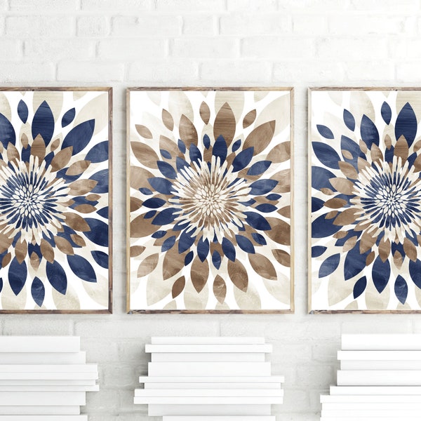 Stampa artistica di esplosioni di fiori moderni blu scuro e marrone, decorazione sopra il letto, set di arte da parete per casa e appartamento ad acquerello di (3) stampe senza cornice o tela