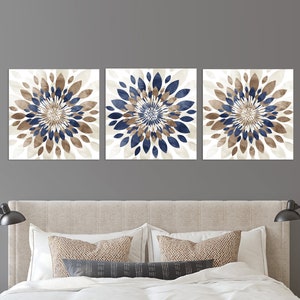 Modern Flower Bursts Fine Art Print, Above Bed Decor, Tan Brown Navy Home Apartment Wall Art Set of (3) Unframed Prints OR Canvas