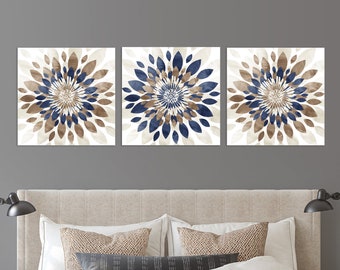 Flower Burst Art Print Set, Navy Tan Brown, Unframed Prints or Canvas