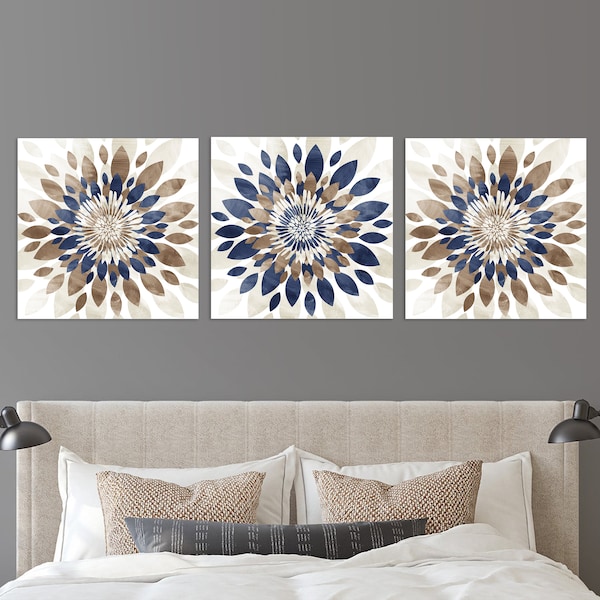 Moderne Blumen-Kunstdruck, Über dem Bett-Dekor, beige, braun, marineblau, Haus, Wohnung, Wandkunst, Set von (3) ungerahmten Drucken ODER Leinwand