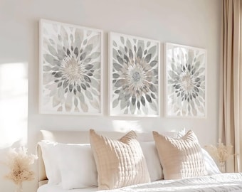 Modern Floral Wall Art Set of 3, Gray Tan & Silver Strand Flower Burst Prints Neutral Bedroom Decor Canvas, Print or Digital Download 003-09