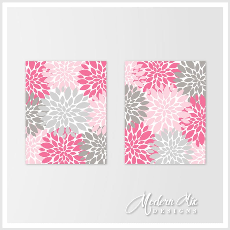 Pink Gray Flower Burst Wall Art Bedroom Wall Decor Prints or Etsy