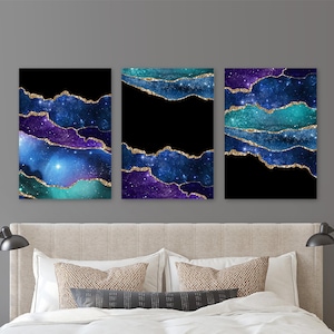 Regali di astronomia, arte della parete della galassia acquerello celeste, regalo di anniversario per la moglie, arte spaziale, decorazione sopra il letto, set di 3 stampe o tela