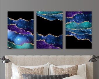 Celestial Galaxy Watercolor Art Print Set, Space Agate Decor, Set of 3