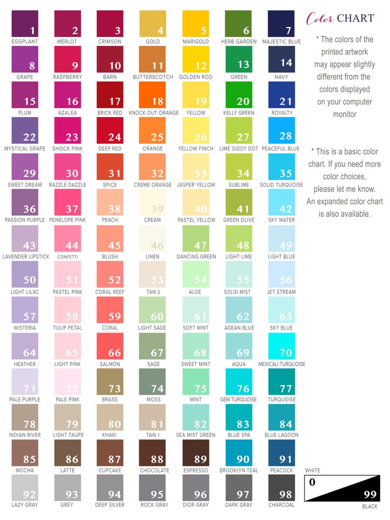 Op de afbeelding: Een kleurenkaart met 99 verschillende kleuren, genummerd en benoemd. De kaart bevat kleuren zoals aubergine, merlot, karmijnrood, goud, goudsbloem, kruidentuin, majestueus blauw, druif, framboos, schuur, boterkoek, guldenroede, groen, marineblauw, pruim, azalea, baksteenrood, uitgesproken oranje, geel, kellygroen, koninklijkheid, mystieke druif, schokroze, dieprood, oranje, gele vink, limoen-giddy-punt, vreedzaam blauw, zoete droom, razzle dazzle, specerij, cr&egrave;meoranje, jaspisgeel, subliem, solide turquoise, passieviolet, penelope roze, perzik, cr&egrave;me, pastelgeel, olijfgroen, hemelsblauw, lavendel lippenstift, confetti, blos, linnen, dansend groen, lichtgroen, lichtblauw, lichtlila, pastelroze, koraalrif, bruin 2, alo&euml;, vaste mist, straalstroom, blauwe regen, tulpenblaadje, koraal, lichtgrijs, zachte munt, ege&iuml;sch blauw, hemelsblauw, heide, lichtroze, zalm, salie, zoete munt, aqua, mexikaans turquoise, lichtpaars, lichtroze, messing, mos, munt, edelsteenturquoise, turquoise, indiaanse rivier, lichttaupe, kaki, bruin 1, zeemistgroen, blauwe spa, blauwe lagune, mokka, latte, cupcake, chocolade, espresso, brooklyn teal, pauw, wit, lui grijs, grijs, diep zilver, rotsgrijs, dior grijs, donkergrijs, houtskool, zwart.