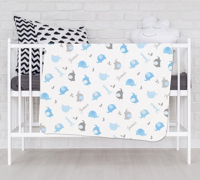 Elephant Baby Blanket Blue Gray Personalized Baby Blanket With Etsy