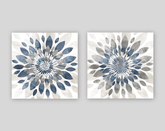 Teal Blue Flower Burst Print Set, Modern Wall Art, Unframed Prints OR Canvas