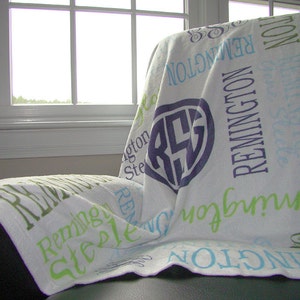 May include: White personalized blanket with the names Remington, Steele, and the monogram RGS in purple on a white background.