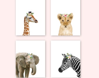 Floral Safari Animals Nursery Prints, Girl Room Decor, Set of 4