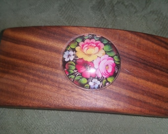 Victorian Floral Rose Wood Barrette: Handmade French Clip (80mm) BM06