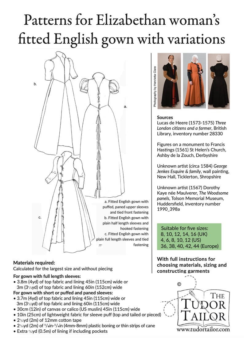 Pattern for Elizabethan Woman's Fitted English Gown with variations, Tudor Tailor exclusive image 6