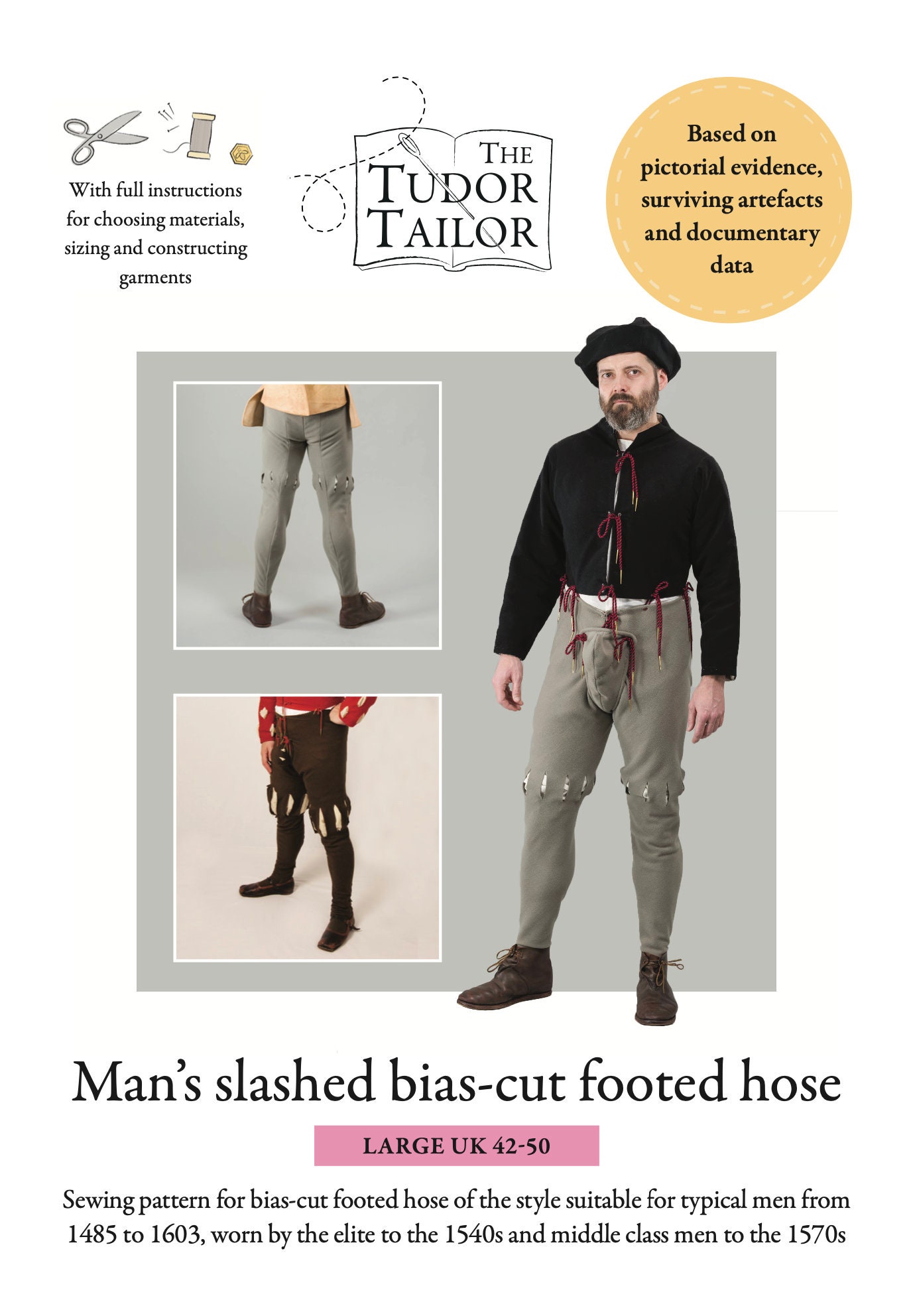Pattern for Tudor Man's Slashed Bias-cut Footed Hose, Tudor
