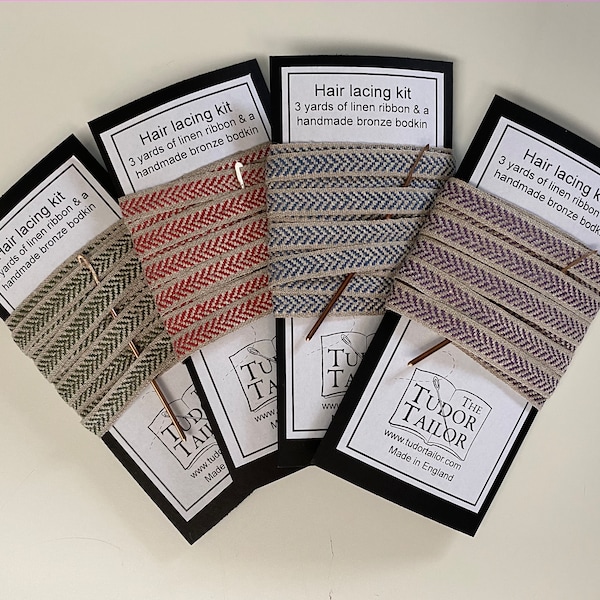 Hairlacing Kit in various colours for Tudor/Elizabethan Reenactment Featuring Bronze Bodkin and Linen Ribbon