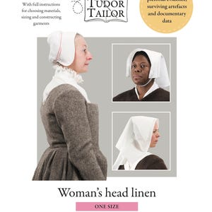 May include: A sewing pattern for a woman's cap kercher and cornered kerchief, based on historical evidence. The pattern is for a one-size head covering, suitable for the Tudor era (1485-1603).