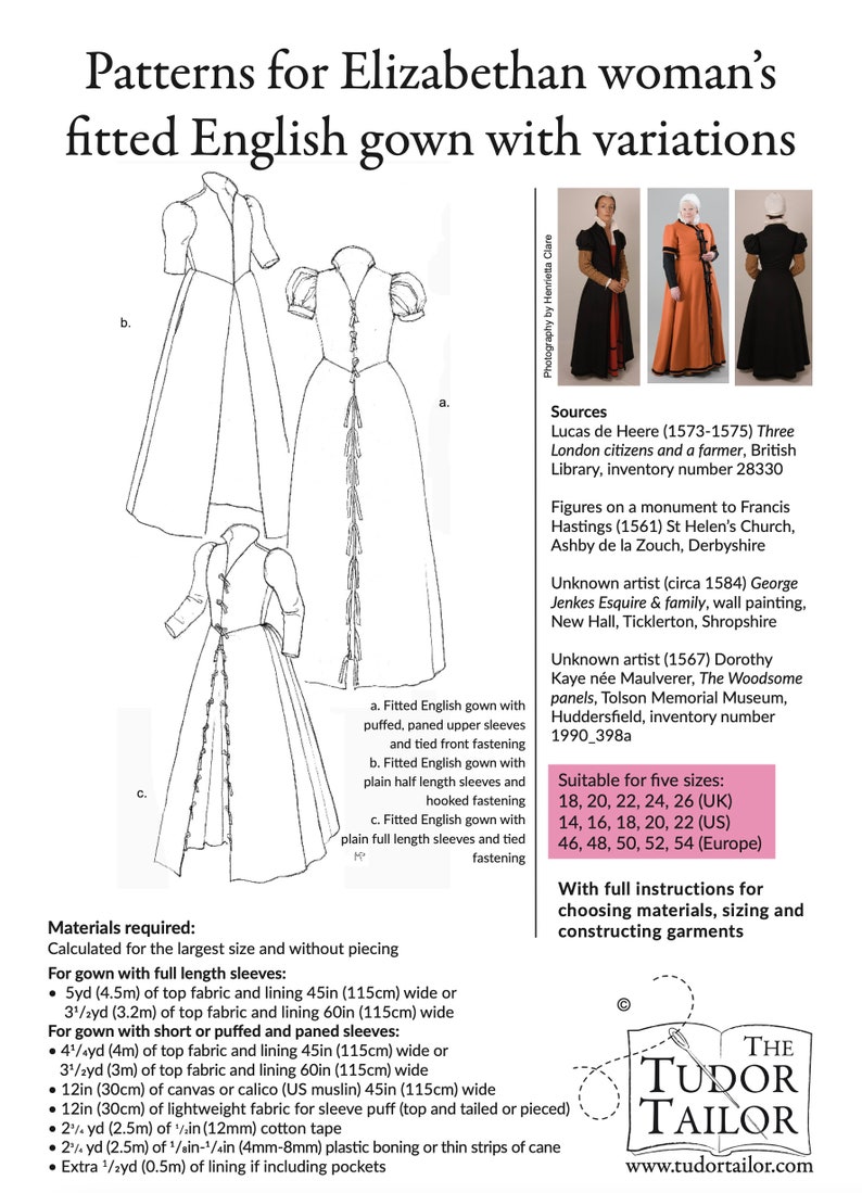 Pattern for Elizabethan Woman's Fitted English Gown with variations, Tudor Tailor exclusive image 7