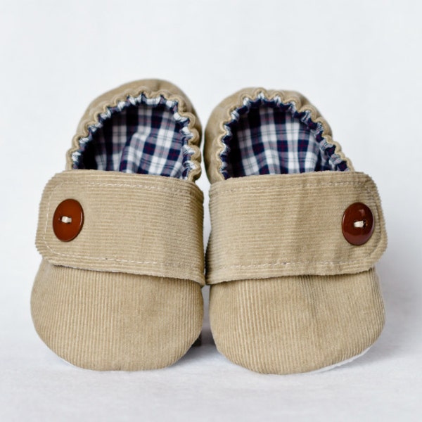 9-12 MONTHS, Ready-to-ship, Baby boy shoes, tan corduroy shoes, fabric shoes, baby slippers