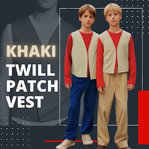 May include: Two children wearing khaki twill patch vests with red long-sleeved shirts. One child is wearing blue pants and the other is wearing khaki pants. The text "KHAKI TWILL PATCH VEST" is displayed on the image.