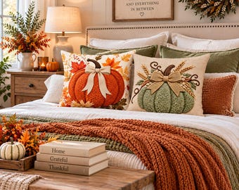 Thanksgiving Pumpkin Pillow Cover 18x18, Rustic Country Fall Cushion, 2D Flat Print, Orange or Green Pumpkin, Autumn Home Décor