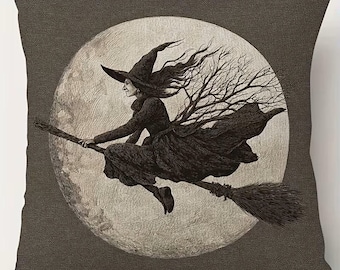 Vintage Halloween Witch Pillow Cover, Flying Witch Full Moon Cushion Cover, Gothic Halloween Decor, Double-Sided 18x18 Velvet Pillowcase