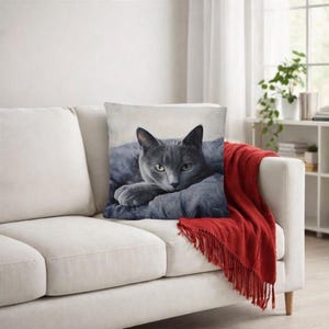 May include: A decorative throw pillow featuring a gray cat lying down. The cat has green eyes and is resting on a blue blanket. The pillow is on a white couch with a red fringed throw blanket.