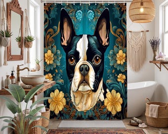 Boston Terrier Floral Shower Curtain – Teal Gold Dog Art (70.8x70.8 Inches)