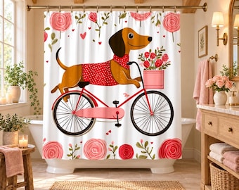 Dachshund Bicycle Shower Curtain, Floral Roses, Dog Lover Gift