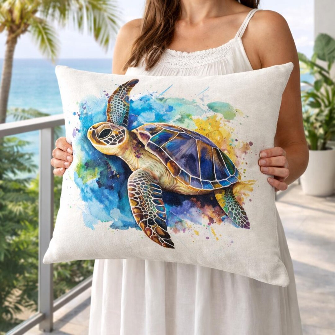 Bohemian Sea Turtle Pillow Cover – Coastal Coral Watercolor Art (18x18 ...