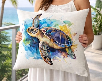 Bohemian Sea Turtle Pillow Cover – Coastal Coral Watercolor Art (18x18 Inch)