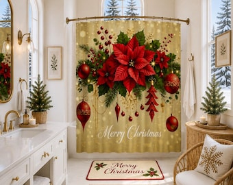 Christmas Poinsettia Shower Curtain, Red Floral Gold Ornament Holiday Bathroom Decor, Merry Christmas Curtain, 70.8 x 70.8 Inch