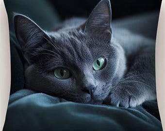 Russian Blue Cat Pillow Cover – Gray Cat Green Eyes Decorative Cushion "17.72 x17.72"