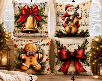 One  PC Christmas Pillow Covers 18x18, Vintage Bell Santa Gingerbread Bow Throw Pillow Covers, Holiday Cushion Covers, 4 designs-