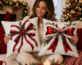 Christmas Holiday Pillow Cover 18x18 Inch, Red Bow & Greenery Decorative Cushion Cover, Non-Real Embroidery Look, Zipper Closure