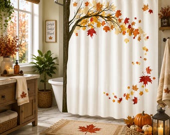 Fall Autumn Leaves Shower Curtain 66x72 Inches, Tree & Falling Maple Leaf Design, Waterproof Fabric Bathroom Curtain with Hooks