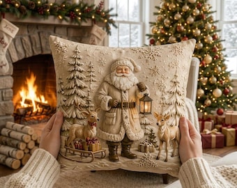Vintage Santa Claus Christmas Pillow Cover, Snowy Forest Scene, Winter Wonderland Decor