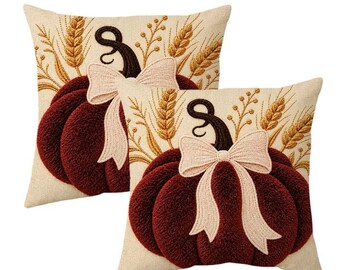 Thanksgiving Pumpkin Pillow Covers  1 pc Farmhouse Fall Decor Cushion Case, Autumn Faux Embroidery Accent Pillowcase- 2D flat print
