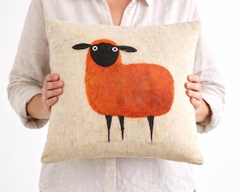 Pillow Cover, red sheep  Hand-Painted Farmhouse Decor