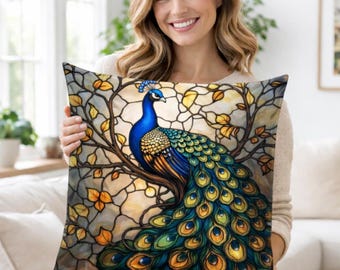Peacock Pillowcase 2D Double-Sided Print, 14x14 Inch Polyester Cushion Cover