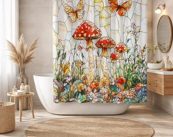 Stained Glass design  Mushroom Butterfly Floral Shower Curtain, Woodland Nature Bath Decor